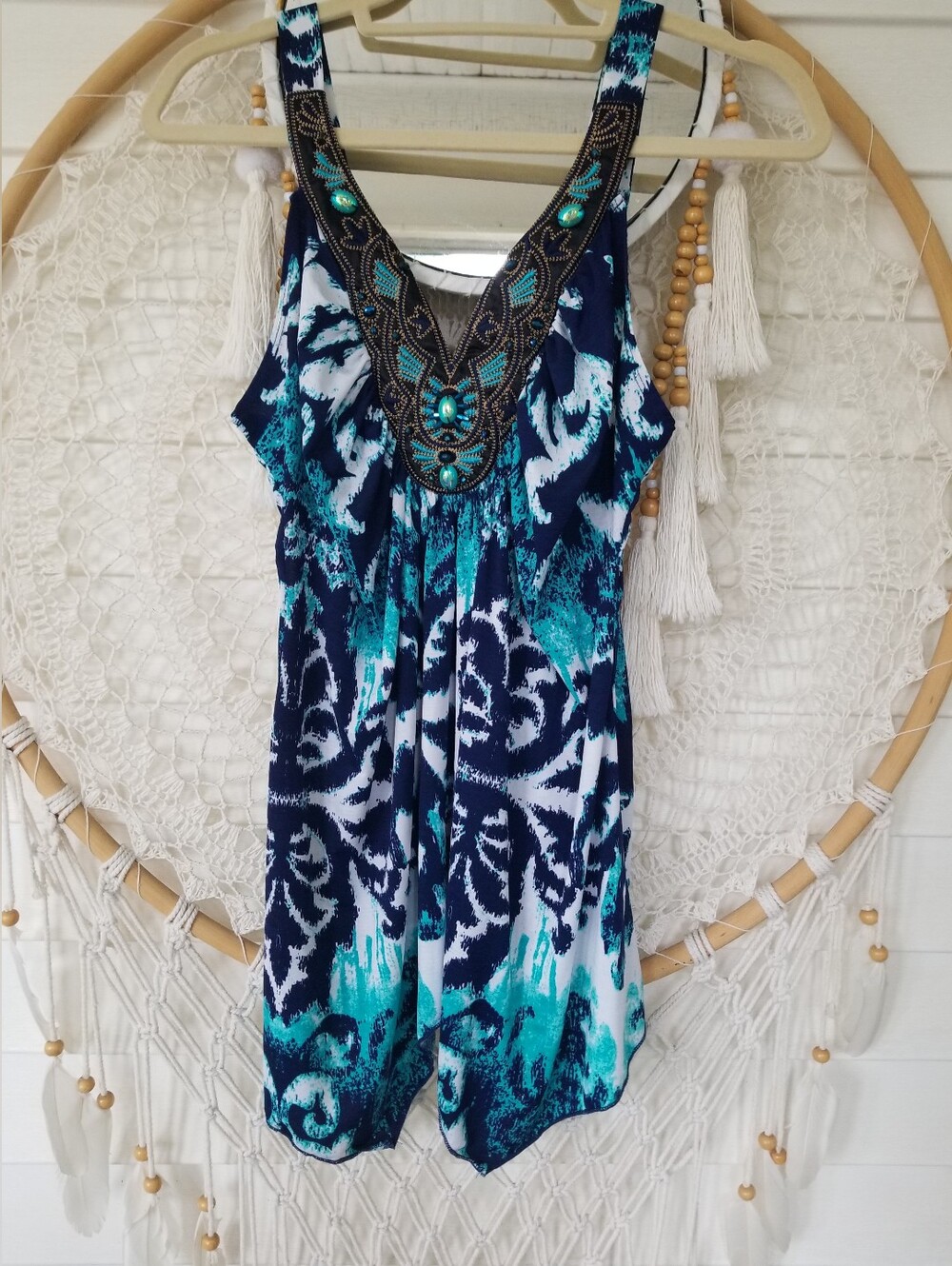 Batik Teal Blue Embellished Handkerchief hem V-Neck Print Top Size Medium